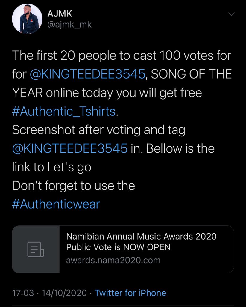 ajmk_mk's tweet photo. Voting competition is ending tonight at 00:00
Keep on voting @KINGTEEDEE3545 SONG OF THE YEAR . Click the link below:
https://t.co/fSHiETUmXF
Don’t forget hashtag
#AUTHENTICWEAR https://t.co/0GSWUZcsNX