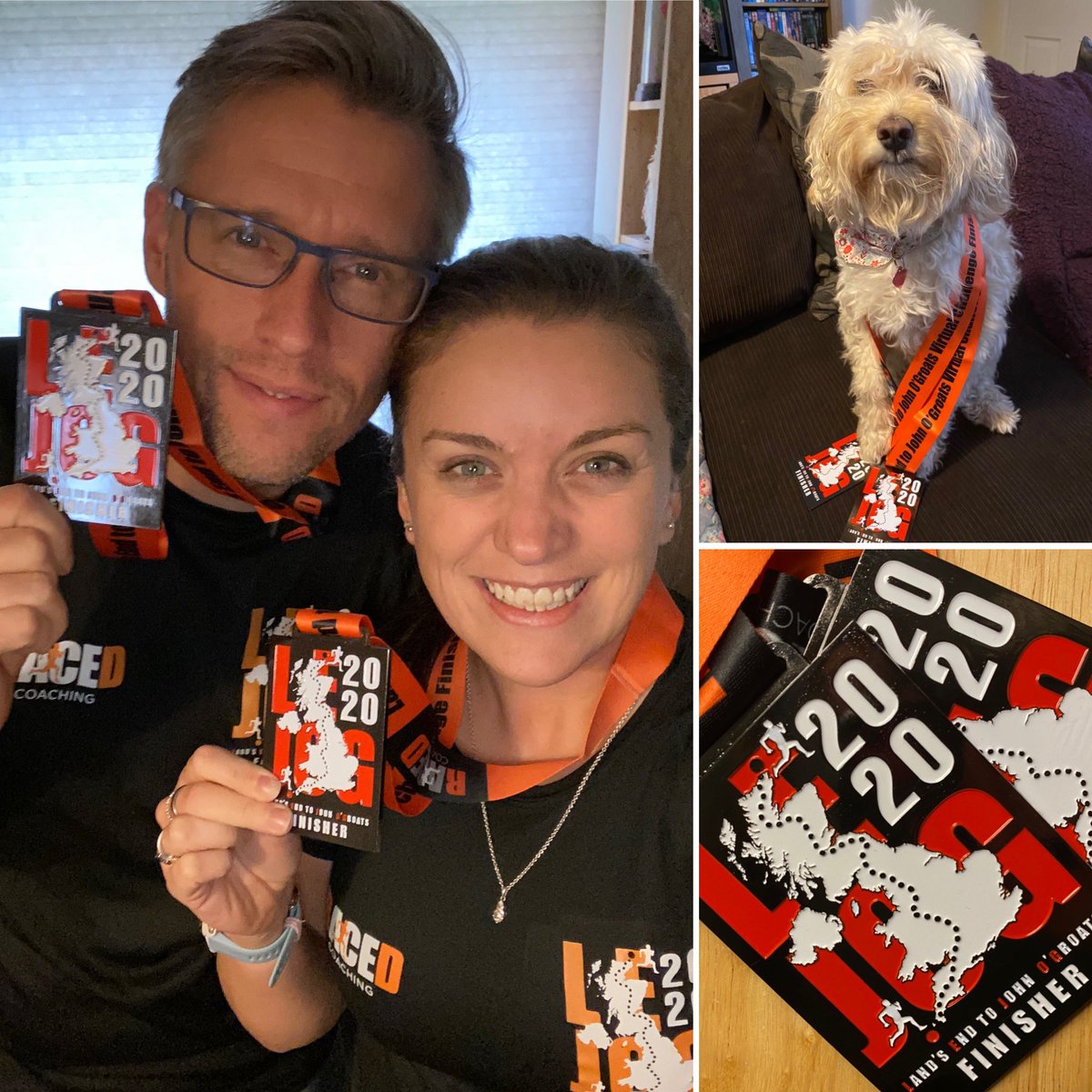 ApparentlyWeRun's tweet photo. Thanks @racedcoaching 🙌🏻🙌🏻🙌🏻 for both the T-Shirts & Medals 🥇 Jill got to have a pose too, after all she completed a lot of the mile alongside us! 🐶👍🏻
#lejog2020 completed ✅ 🏃🏻♀️🏃🏼♂️💚🖤😊👍🏻
#247running #ukrunchat #running https://t.co/fdrN7NEjRI