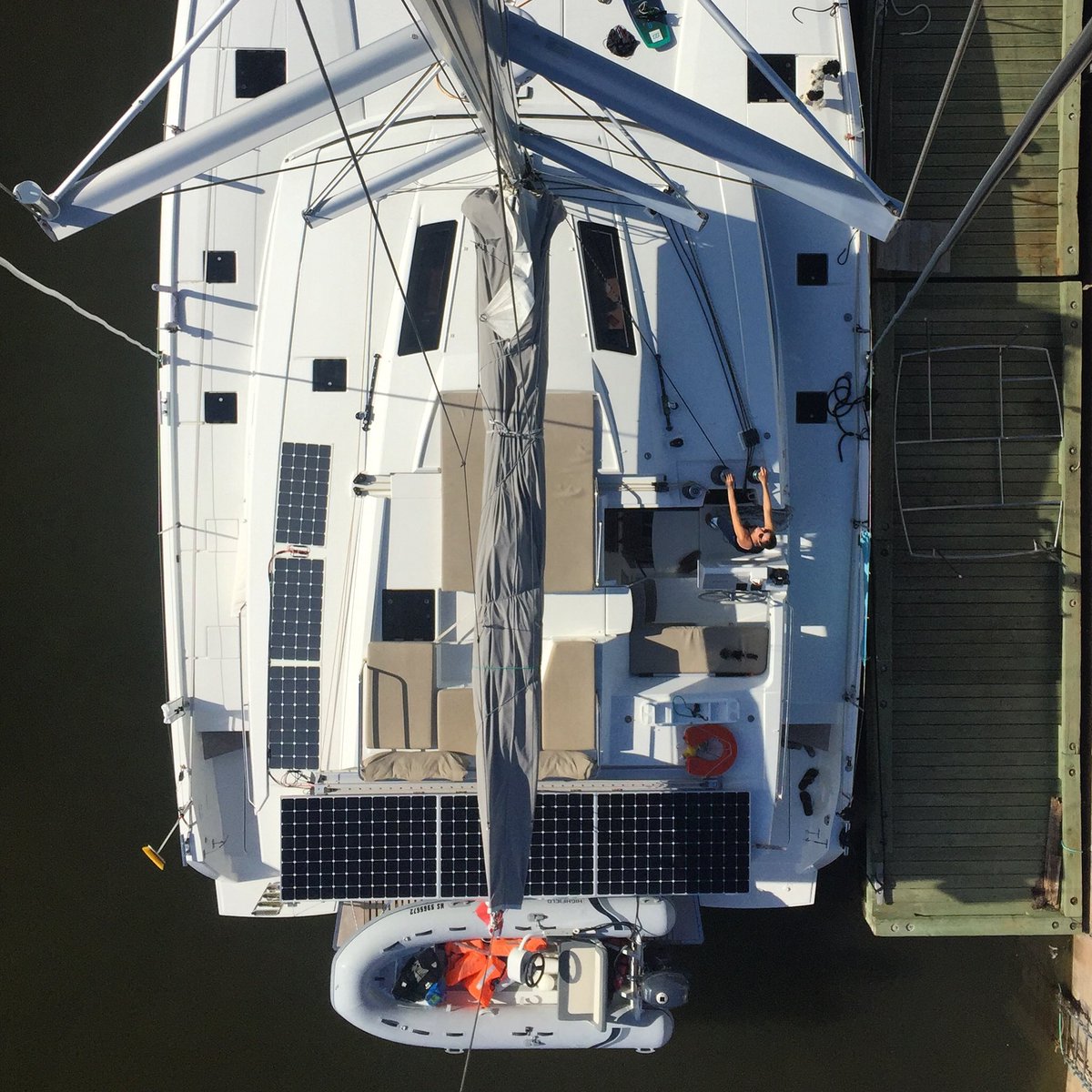 SailingHangtime's tweet photo. The view from above.  #sailing #catamaran #upthemast #solararray https://t.co/zxZWfGz7AE