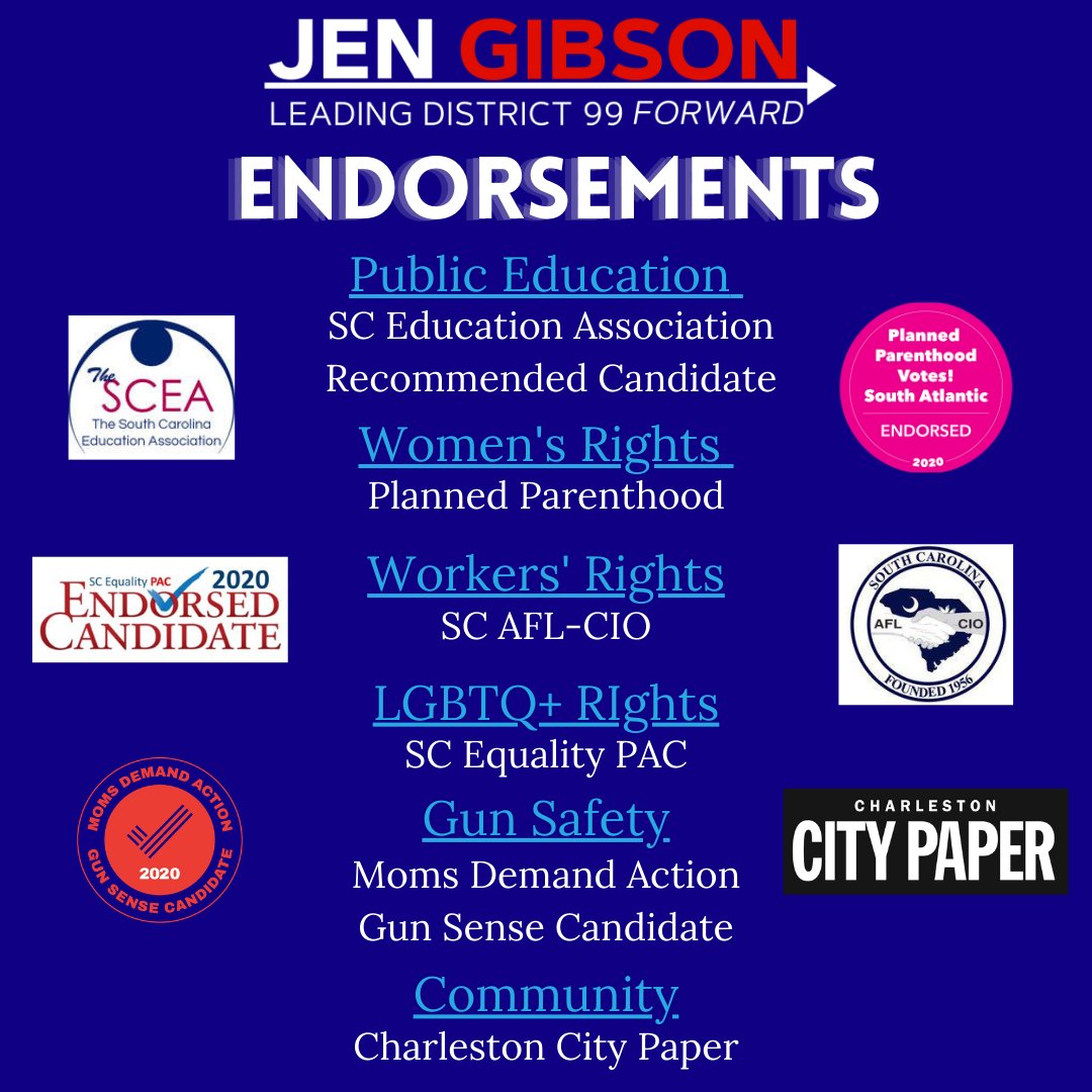 JenforSC's tweet photo. Our momentum just keeps getting stronger as we near the home stretch of this race! Check out some of the fantastic organizations that have endorsed us so far! #scpol #jenforsc https://t.co/TxztAeJ44p