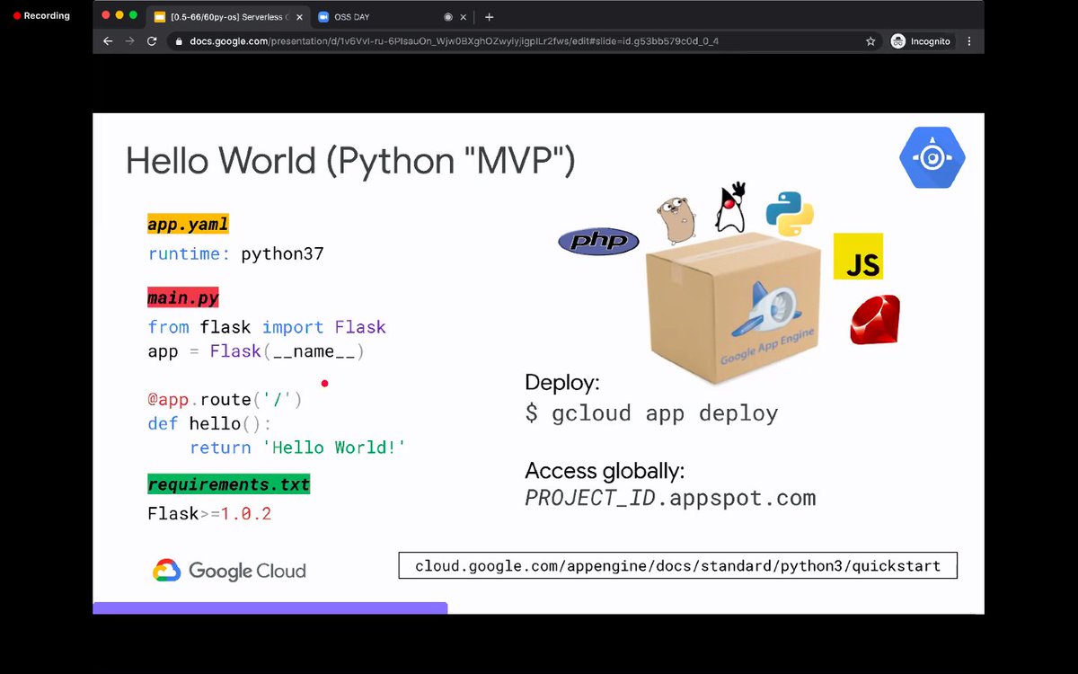 StutiASaxena's tweet photo. What a power packed session from @wescpy at #OSSDay! The number of #OpenSource offerings @googlecloud has is unbelievably awesome. This session was all about how one can run code #serverlessly in Google Cloud. Lots of #HelloWorldDemos! For questions catch the session @3pm PDT. https://t.co/BqpmSjQhhc