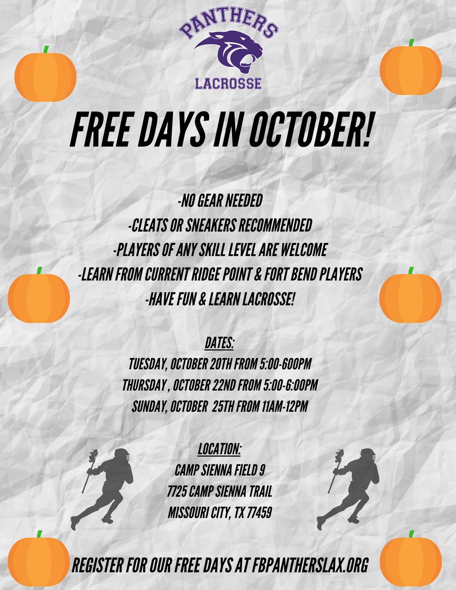 Panthers Lacrosse-Free days in October!
Have you ever tried lacrosse? want to? Here is your opportunity! Come on any dates below &amp; try lacrosse, for FREE!
Home fields: Camp Sienna 7725 Camp Sienna Trl in Mo City.  Home of lacrosse from Sienna to Hwy 59!
fbpantherslax.org