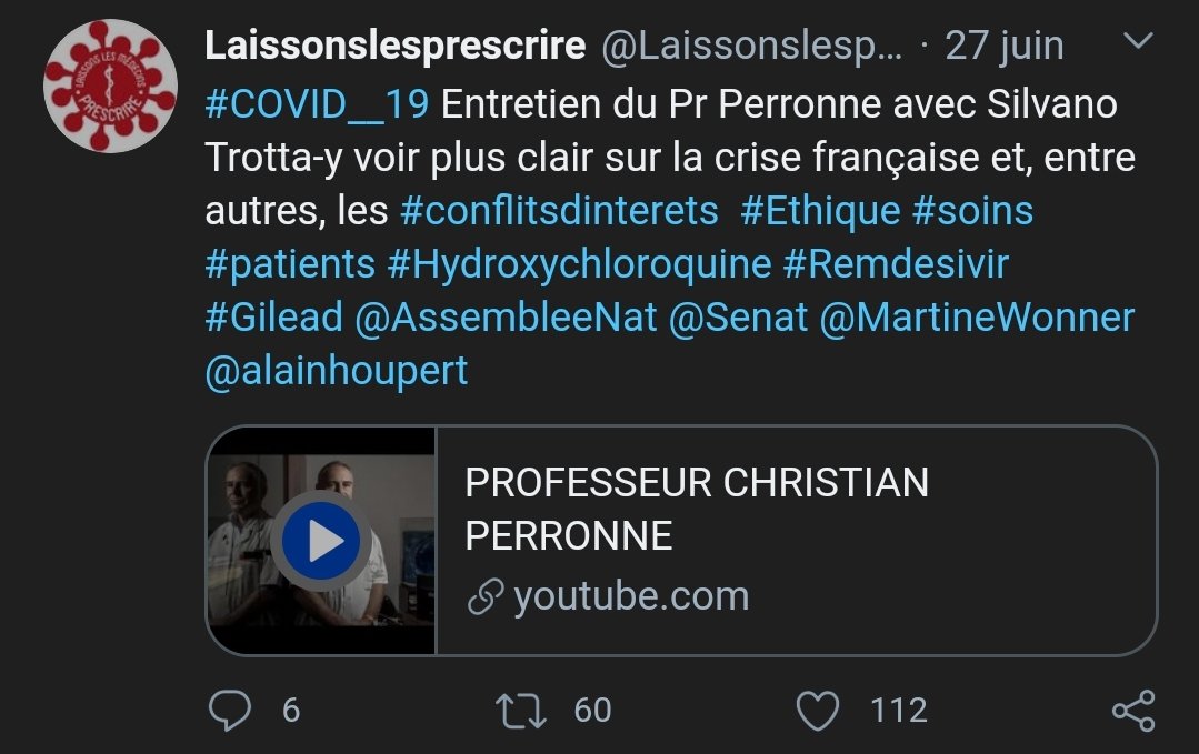 La maladie de Lyme mériterait un Thread complet mais ce qui nous intéresse de Pr Perronne aujourd'hui n'est pas cette théorie mais la position qu'il occupe dans la sphère Hydroxychloroquine, Raoult et dans la sphère complotiste car pour tous, il fait figure d'autorité.