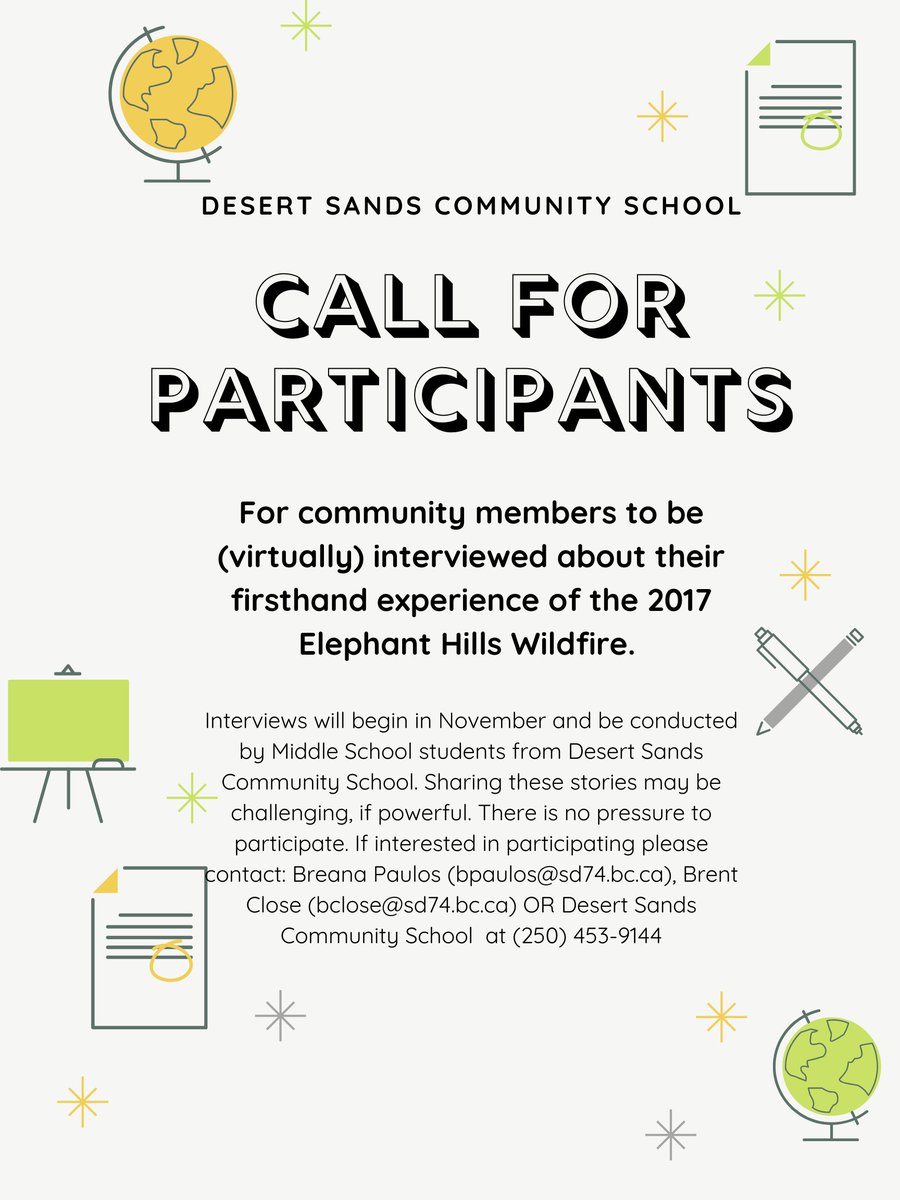 AshcroftVillage's tweet photo. Desert Sands middle school students are looking for community members to interview about their firsthand experience with the 2017 Elephant Hills wildfire. https://t.co/QPyeKquREi