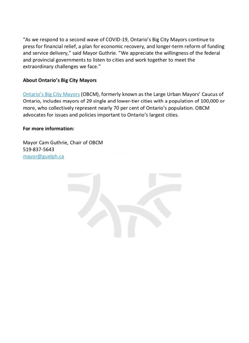 CamGuthrie's tweet photo. Ontario Big City Mayors Press Release: #OBCM https://t.co/HEKOL3Iu4Z
