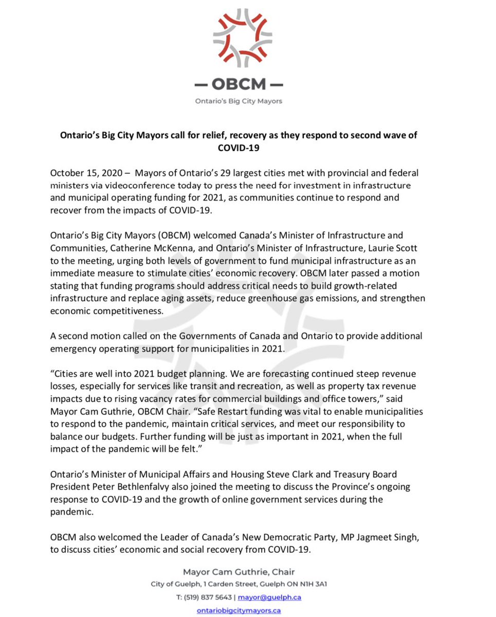 CamGuthrie's tweet photo. Ontario Big City Mayors Press Release: #OBCM https://t.co/HEKOL3Iu4Z