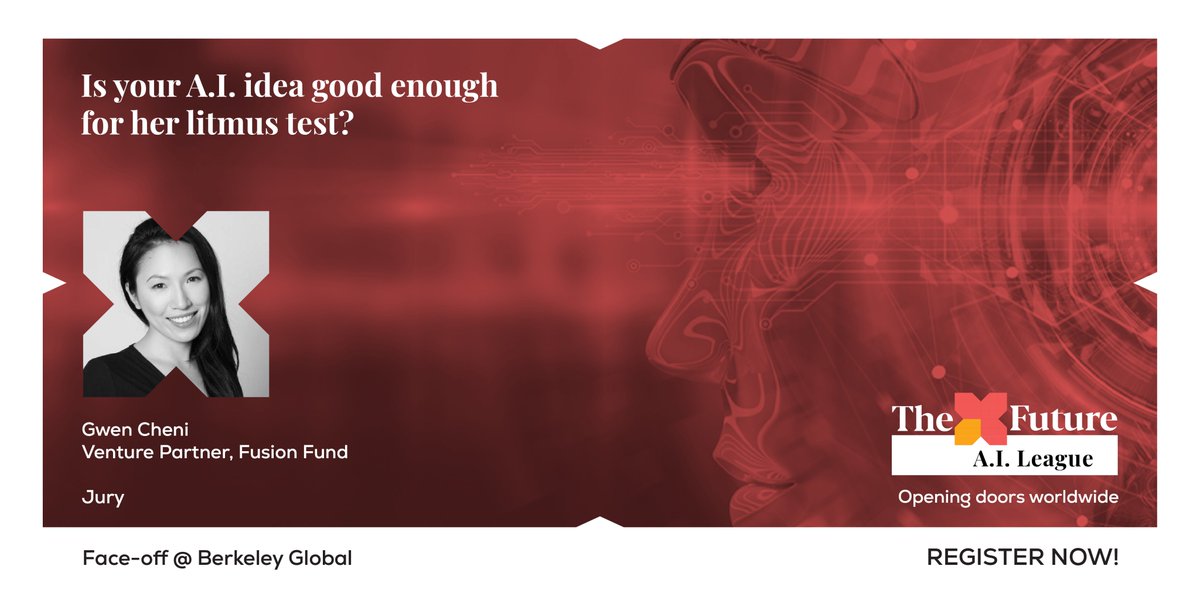 Founder v/s Founder...the game is getting serious. Gwen Cheni is on the Jury now! TheXFuture A.I. League on 29th Oct. Don't miss it.

Register now: bit.ly/TXFleague

@GwenInvestor  - Venture Partner, <a href="/FusionFundVC/">Fusion Fund</a> 

<a href="/UCBerkeley/">UC Berkeley</a>