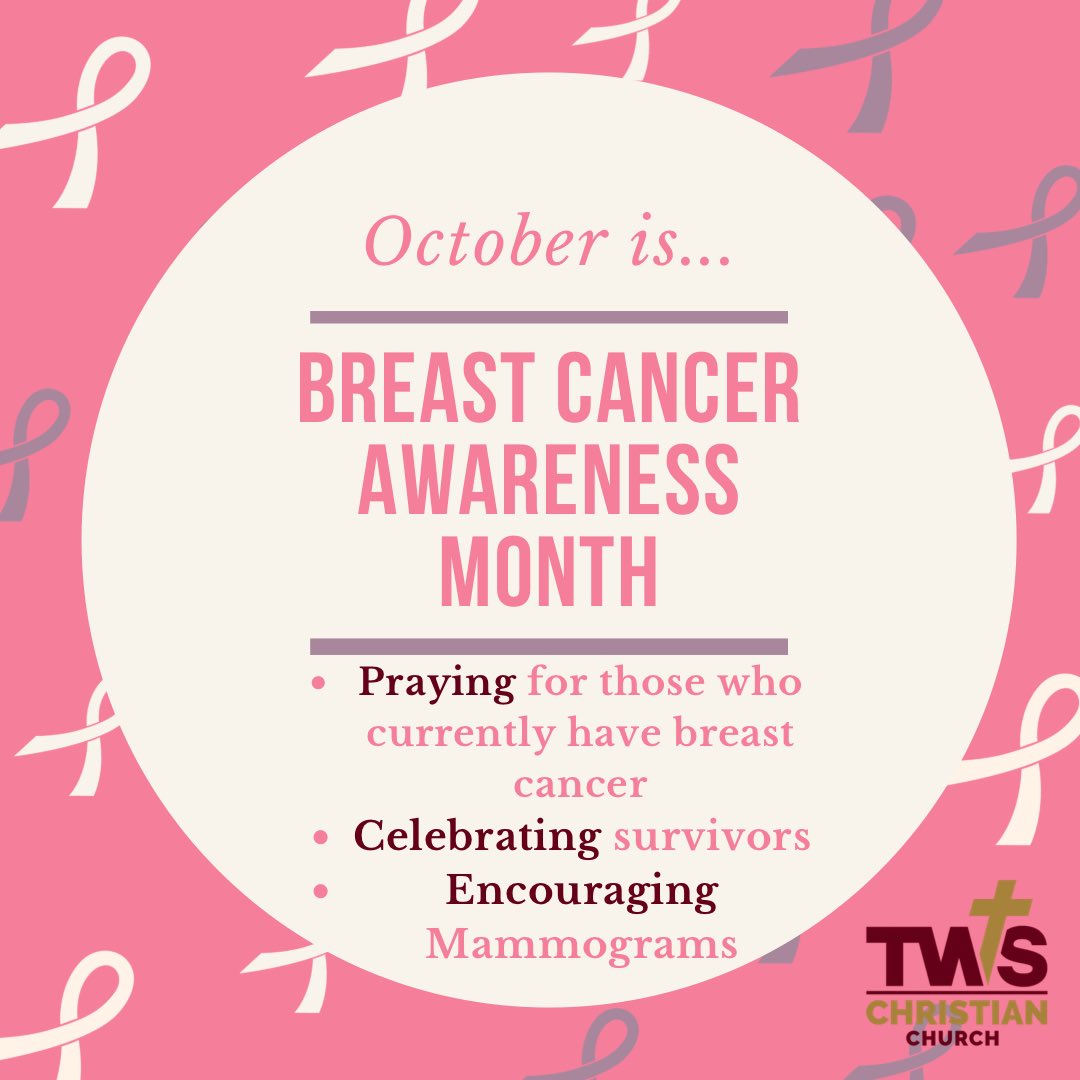 TWSChurch's tweet photo. It's Breast Cancer Awareness Month!!

This month we honor breast cancer survivors and prayerfully support those in treatment. We  encourage women to do self-exams monthly and get  annual mammograms. We encourage men to do self exams as well. https://t.co/YnJsyKjRH8