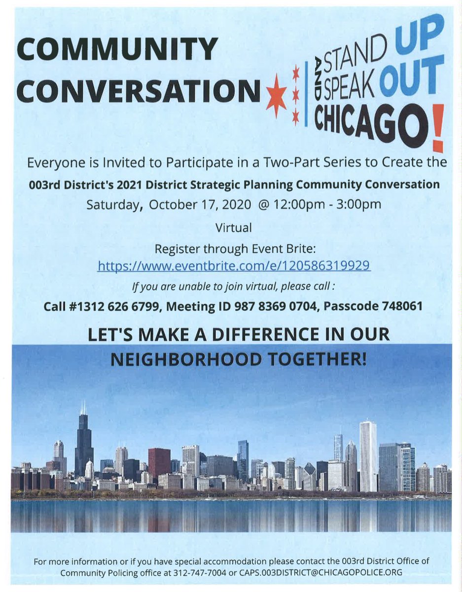 Community Conversation will be this Saturday w/ the 3rd District Police department. 

We will be discussing: Next years strategic plan. 

eventbrite.com/e/120586319929

Hope to see you there!