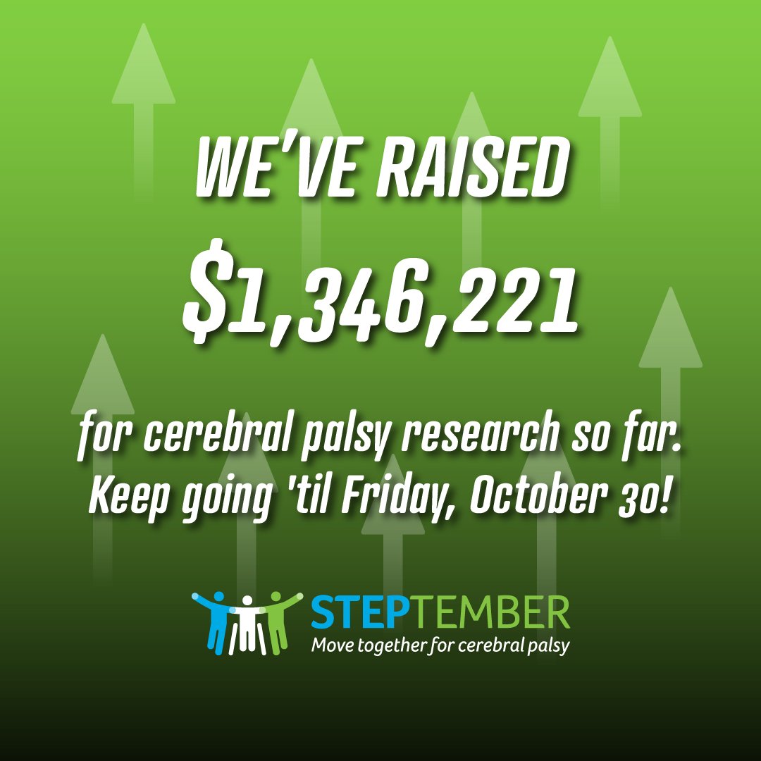 SteptemberUS's tweet photo. Thank you for helping us raise $1,346,221 so far for #CerebralPalsy #research. That’s huge! And YOU made it happen! You’ve got until Friday, October 30 to make those last-minute asks and take it even higher. How high do you think we can go? https://t.co/Jy7gZLxBz0