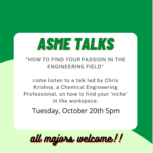 UNTASME's tweet photo. ASME presents ASME Talks! This semester's topic is "How to find your passion in the engineering field."

You won't want to miss out! 

Join us at https://t.co/Q2PemYyMFb

Meeting ID: 863 6341 9956
Passcode: gYmn3S https://t.co/J5VCFNrOX5