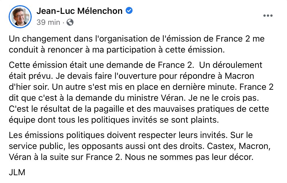 JLMelenchon's tweet photo. Les émissions politiques doivent respecter leurs invités.

Sur le service public, les opposants aussi ont des droits.

Castex, Macron, #Véran à la suite sur #France2.

Nous ne sommes pas leur décor.

#VALP 

➡️ https://t.co/zQO6M5MvQ7 https://t.co/7OoXRIvAvq