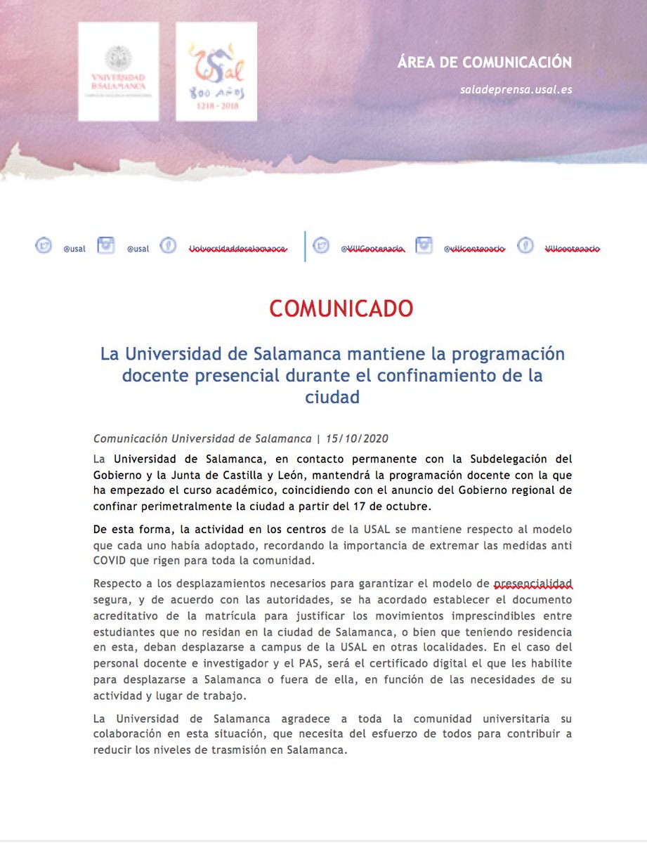 #Comunicado| La Universidad de Salamanca mantiene la programación docente presencial durante el confinamiento de la ciudad. https://t.co/kUiyi122it