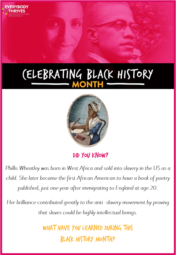 LifeatDarwin's tweet photo. We're half way through #BlackHistoryMonth - and what better opportunity to reflect and share what we've each learned so far!

Read on to learn about Phillis Wheatley and be sure to share your new knowledge with us in the comments.
 #EverybodyThrives #KnowThePast #ChangeTheFuture https://t.co/StrfsdiA5O
