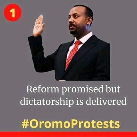 BOromoprotest's tweet photo. #REform promised but dictatorship is delivered 
#oromoprotest 
#FreeJawarMohammed 
#FreeBekeleGerba
#freeAbdiRegessa
#freeDejeneTefe
#freeLemiBegna
#freeHamzaBorena
#justiceforHacheluHundessa
#AbiyMustGo https://t.co/VSguXZYlIA