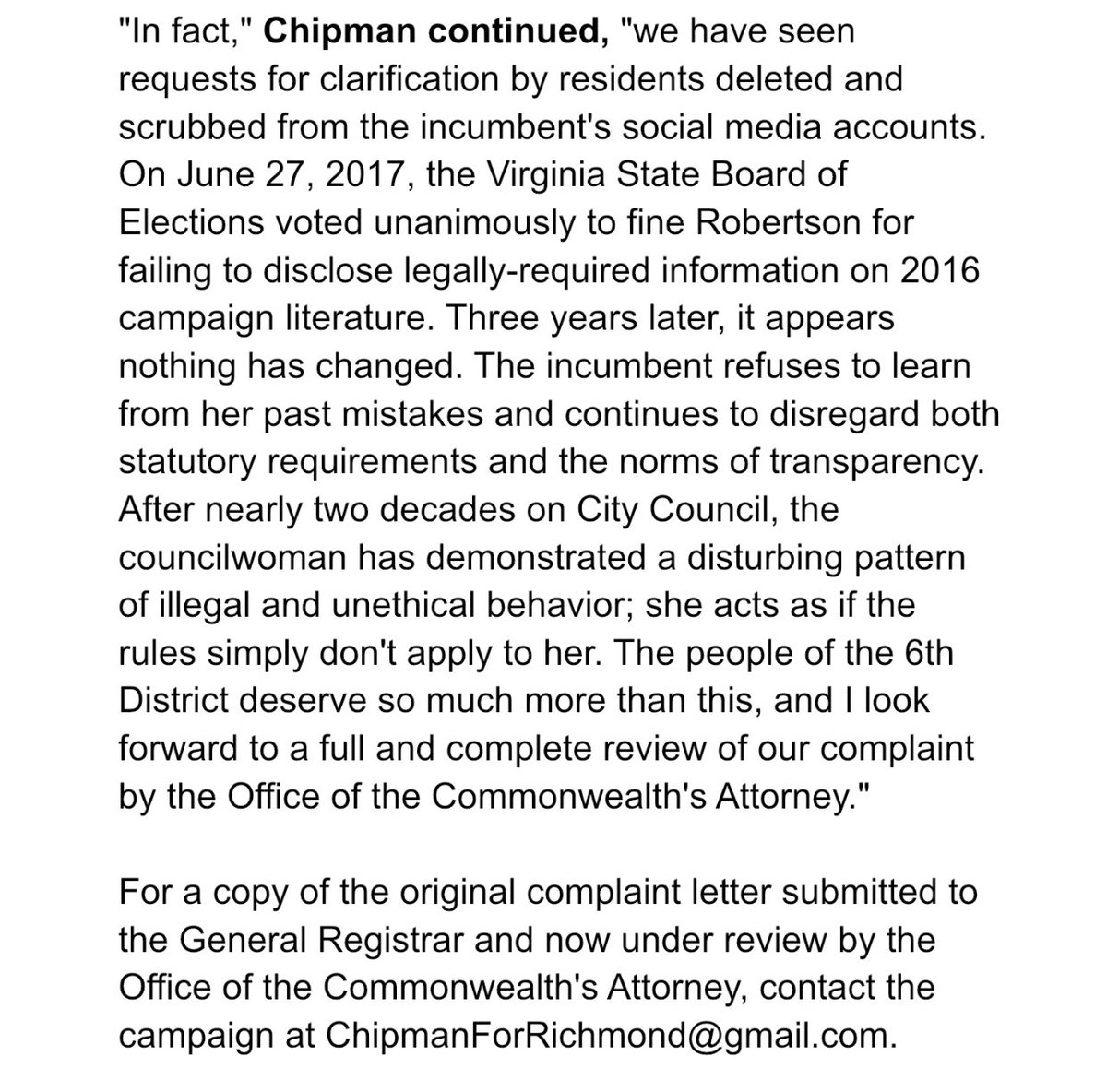 Here’s an update on the formal complaint our campaign filed against Councilwoman Robertson on Monday. After assessing the complaint, the general registrar forwarded the letter to the Commonwealth's Attorney's Office, where it is now under review. Read full statement below.