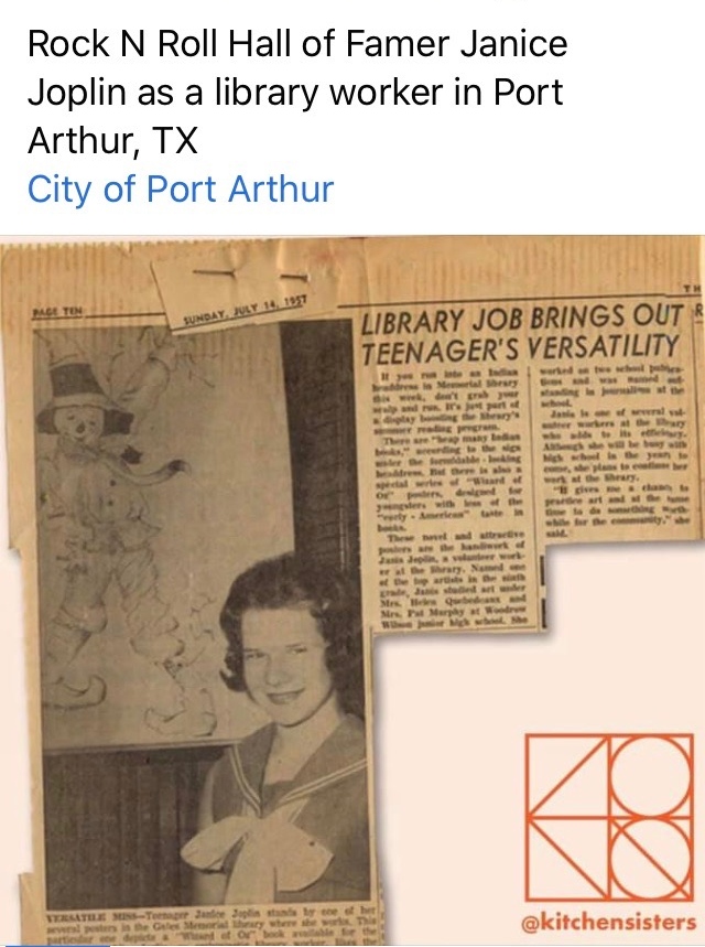 Check out this great clipping of legendary rock star Janis Joplin when she was a teenage library worker in 1957. From the City of Port Arthur.