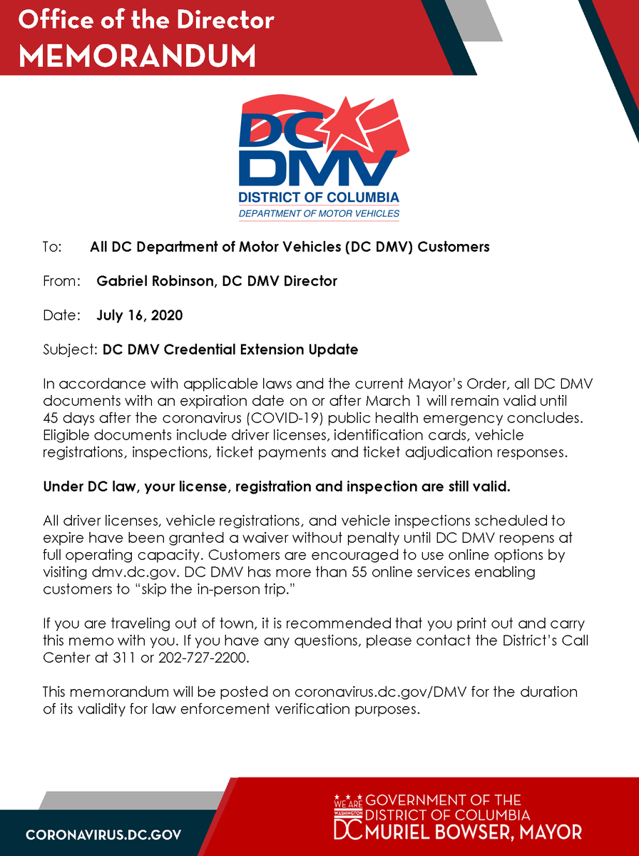 dcdmv's tweet image. Traveling by car this fall? Not to worry as DC DMV has extended the expiration date for all documents expiring on/after March 1 until 45 days after the COVID-19 public health emergency ends.