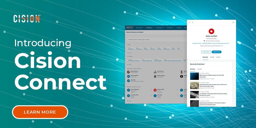Cision's tweet photo. We are so excited to bring you Cision Connect, a brand new relationship management solution for PR &amp; communications professionals! Get all the details + take a tour: https://t.co/nHIkYj8Ls6 #ModernComms https://t.co/SNgq587YRs