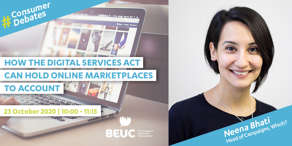 Kicking off speakers presentation for our  #DSA4Consumers debate with  @NeenaBhati, Head of Campaigns at  @WhichUK!   Register now for the first of our  #ConsumerDebates: How can Digital Services Act hold online marketplaces to account?  https://www.beuc.eu/online-debate-how-digital-services-act-can-hold-online-marketplaces-account