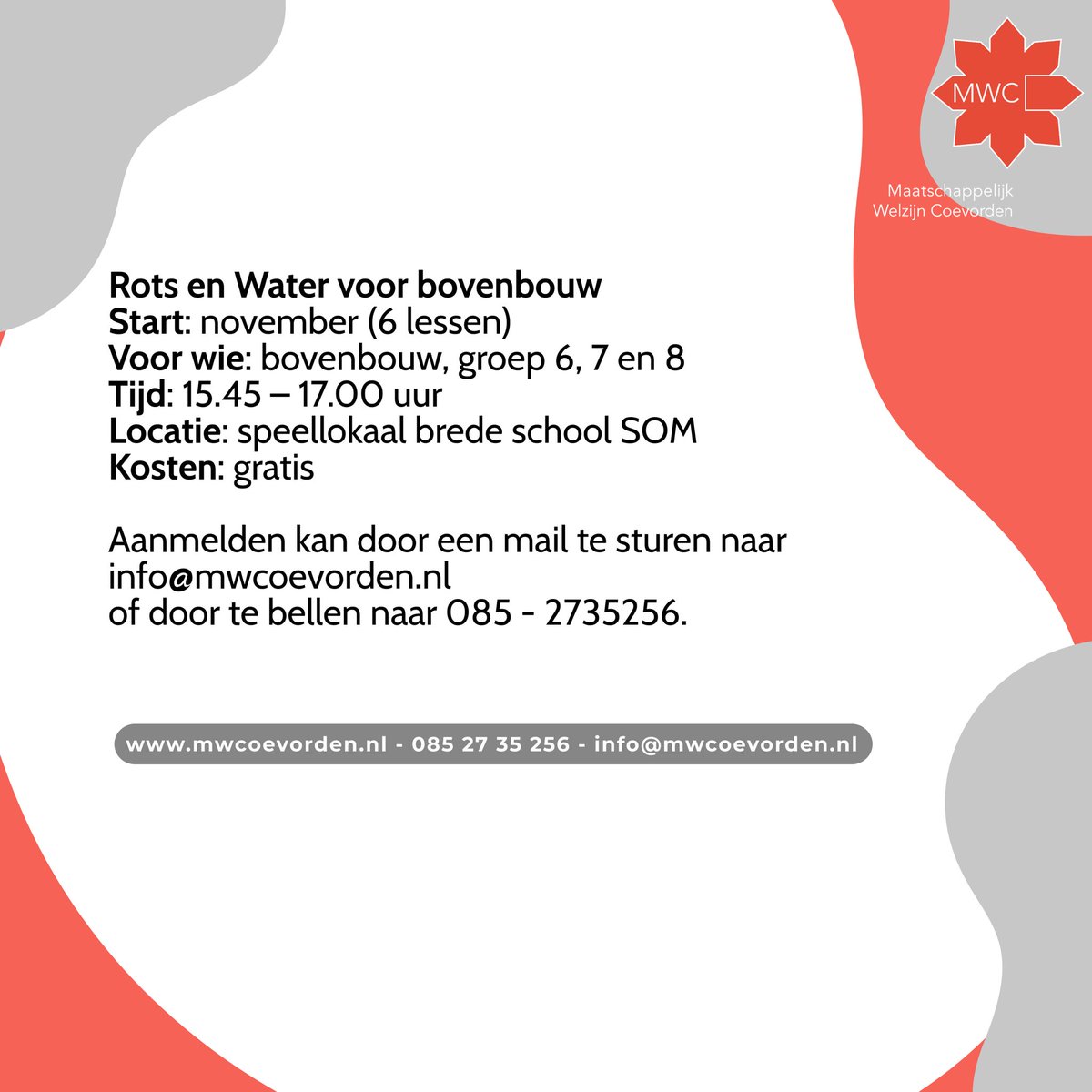 Rots en Water start in november met een bovenbouw-groep. Voor meer informatie of opgave; mail, bel of chat met ons.