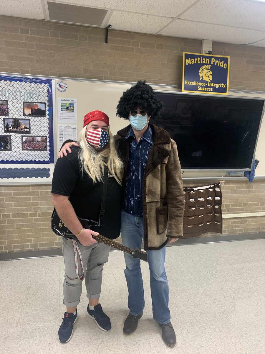 Mr. McDowell and Mr. Davis getting their groove on for Throwback Thursday during Homecoming Spirit Week!#wearegoodrich