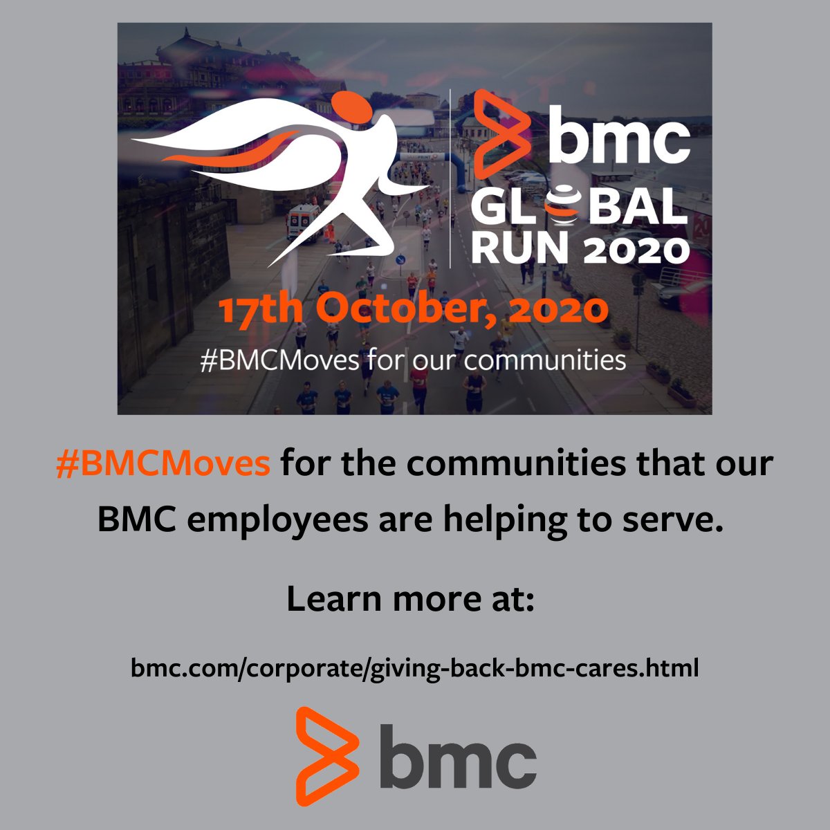 BMCCareers's tweet photo. The #2020 #BMC Global Run is this weekend! Our employees are so excited to run for our local and global communities who need our service. Watch our video from last year to see what we’ve already accomplished: https://t.co/YKhiPJOK9Y #Running https://t.co/SE9qzhghAT