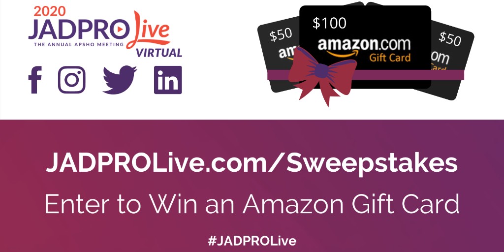 APSHOorg's tweet photo. We're looking forward to connecting with you on our social media during #JADPROLive. To kick things off, how about some prizes! Just follow us, 'like' this post, and head to https://t.co/GrGXDtTKQy to enter. You could win a $100 or $50 amazon gift card! https://t.co/Cu8RzOo4PW