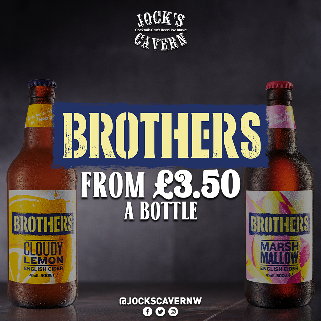 Get your hands on a bottle of mouth-watering Brothers cider from only £3.50 a bottle🍻

Make it a visit to remember by paying us a visit and sampling our selection to find the perfect drink for you😍

#jockscavern #jocksWakefield #yorkshire #rock #gin #cocktails #livemusic #Drink