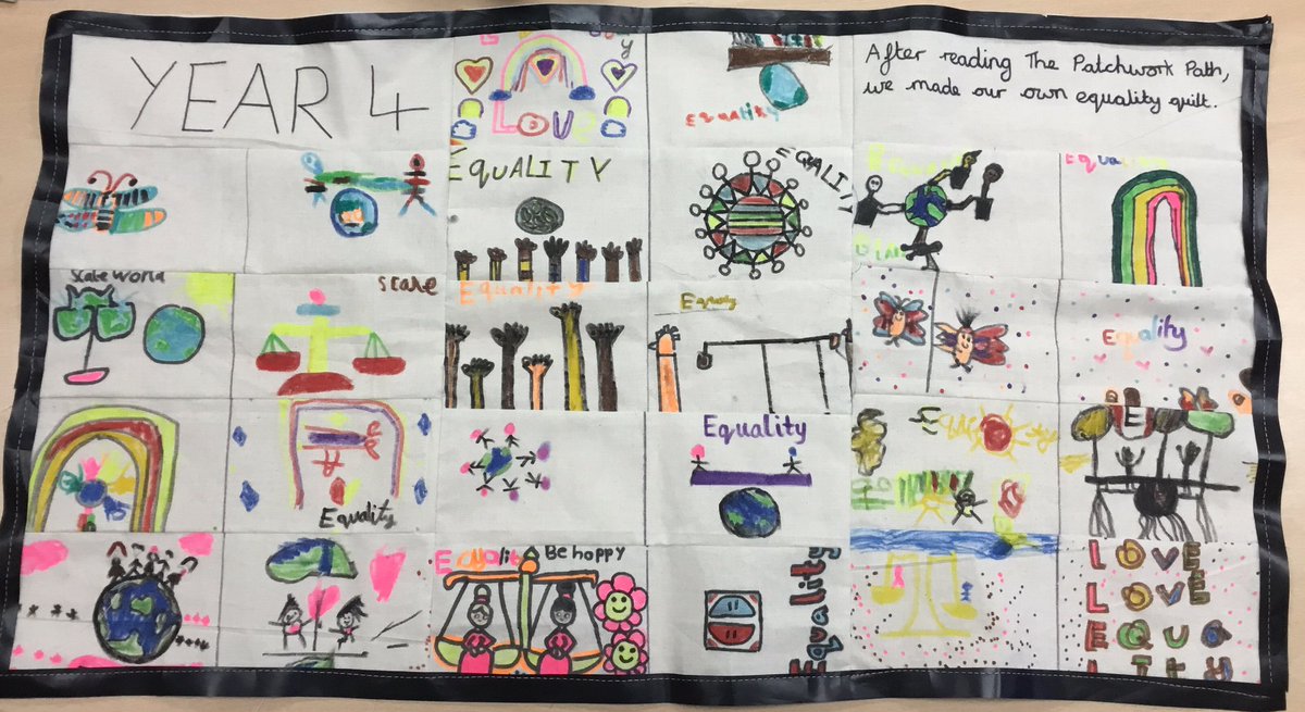 C4Pleasant's tweet photo. After reading #ThePatchworkPath, we decided to make our own #equality patchwork quilt. The children’s designs were fantastic! @PleasantStPrim @StreetWellbeing https://t.co/bms6rhPZD5