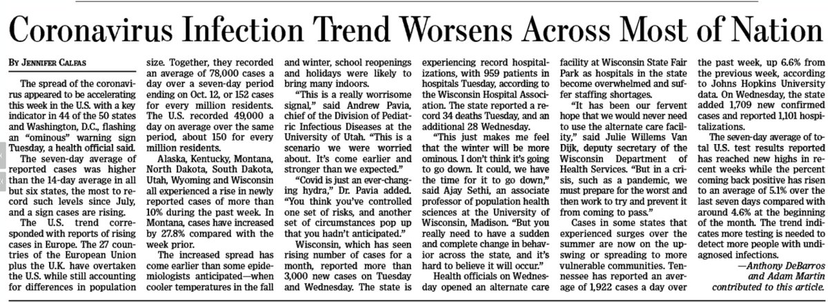 Most of the country in "Uncontrolled Spread" category https://www.covidexitstrategy.org  https://www.wsj.com/articles/coronavirus-latest-updates-10-14-2020-11602663471?mod=searchresults&page=1&pos=2 by  @JenCalfas