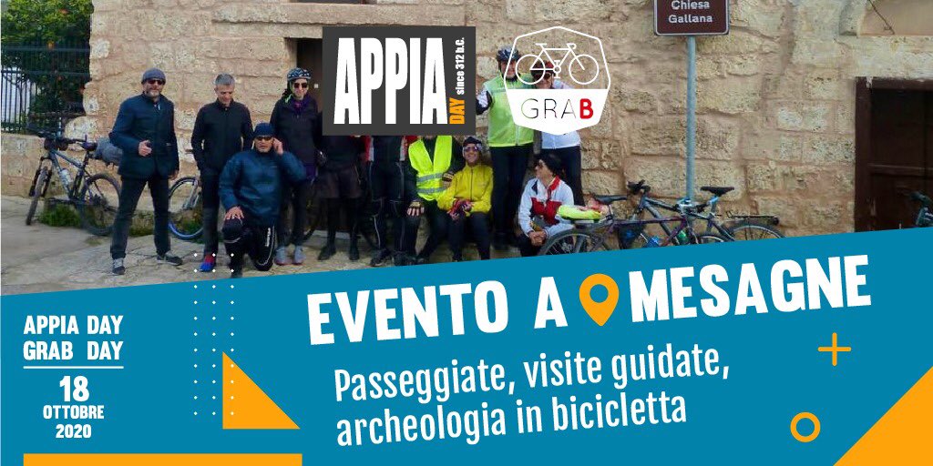 #AppiaDay2020

1️⃣7️⃣ &amp; 1️⃣8️⃣ Ottobre
#MESAGNE
 
📍#AppiaDay da Villa Castelli a Oria 

📍#Archeologia in #bicicletta 🚲 per conoscere e tutelare il percorso dell’Appia Antica

📍 #Ripercorrendo l’Appia — #passeggiata spotiva e #visita guidata

📅 info su appiaday.it