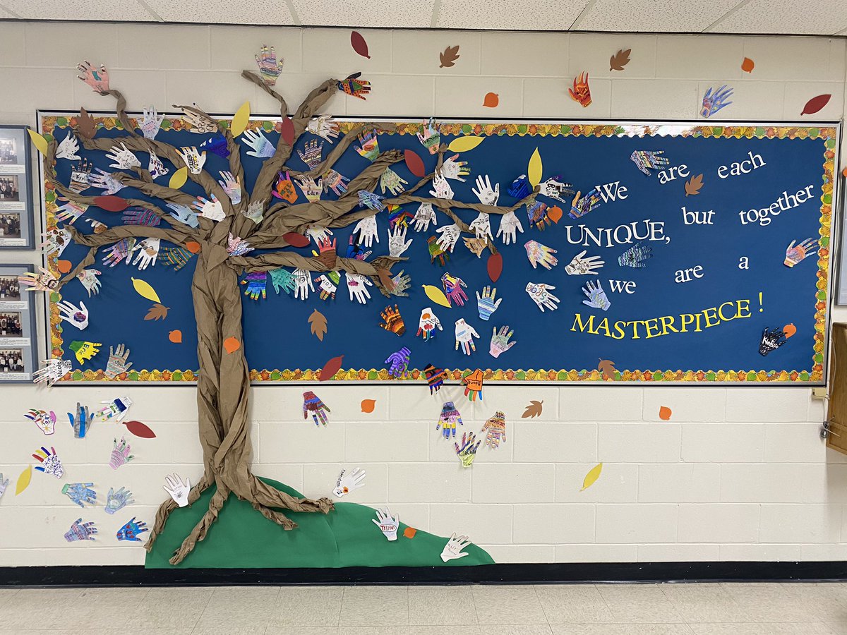 Waldeckwarriors's tweet photo. The SCC was hard at work last night getting this bulletin board ready for this morning! 
“We are each unique, but together we are a MASTERPIECE!” 💙 
Thanks to all the students for decorating the perfect leaves (hands) for our tree! You are all so unique! https://t.co/nJpQWWupqk