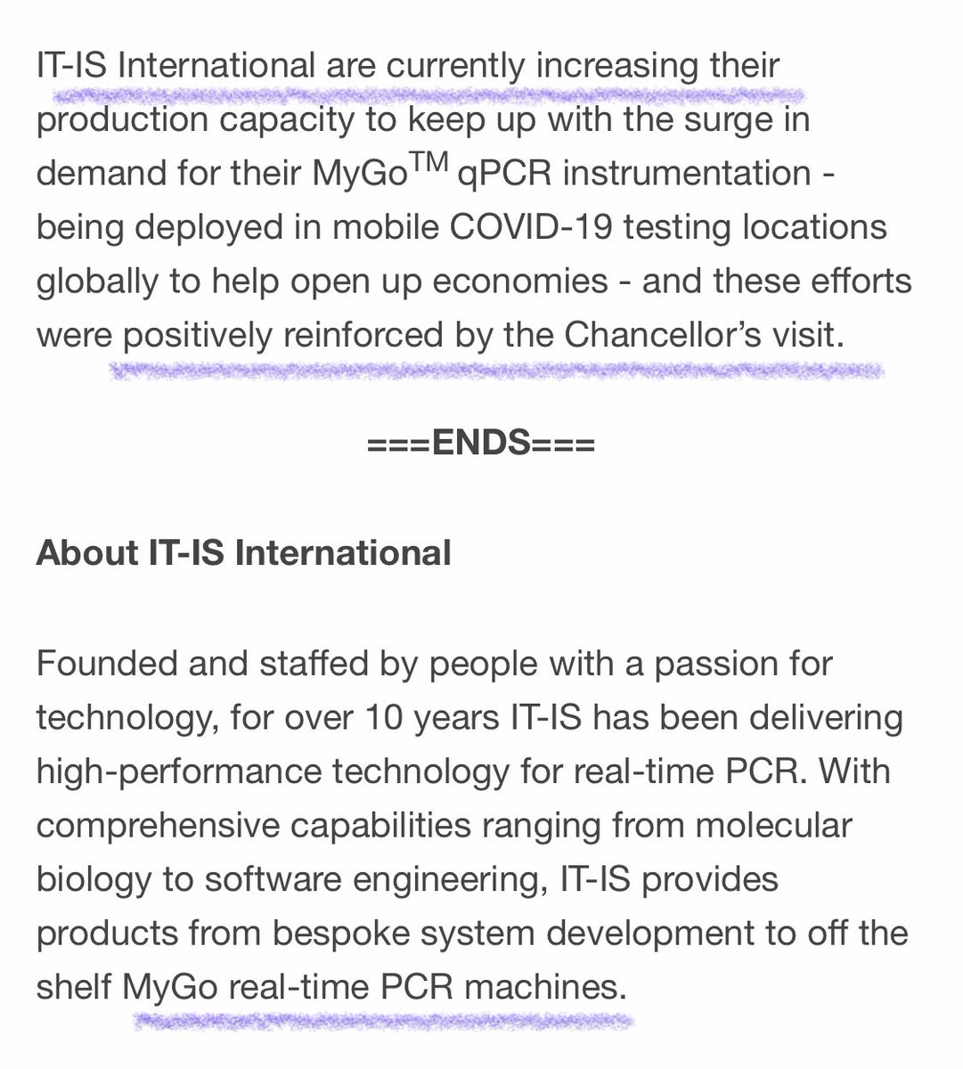  #ncyt  #novacyt  $alnov Acquisition of IT-IS International Ltd “will significantly increase the manufacturing capability of IT-IS to manage the expected demand for its q16 and q32 PCR instruments”It-IS international’s Qpcr is used globally  https://www.businesswire.com/news/home/20200812005519/en/Rishi-Sunak-Visits-UK-Manufacturer-of-COVID-19-Analysis-Equipment
