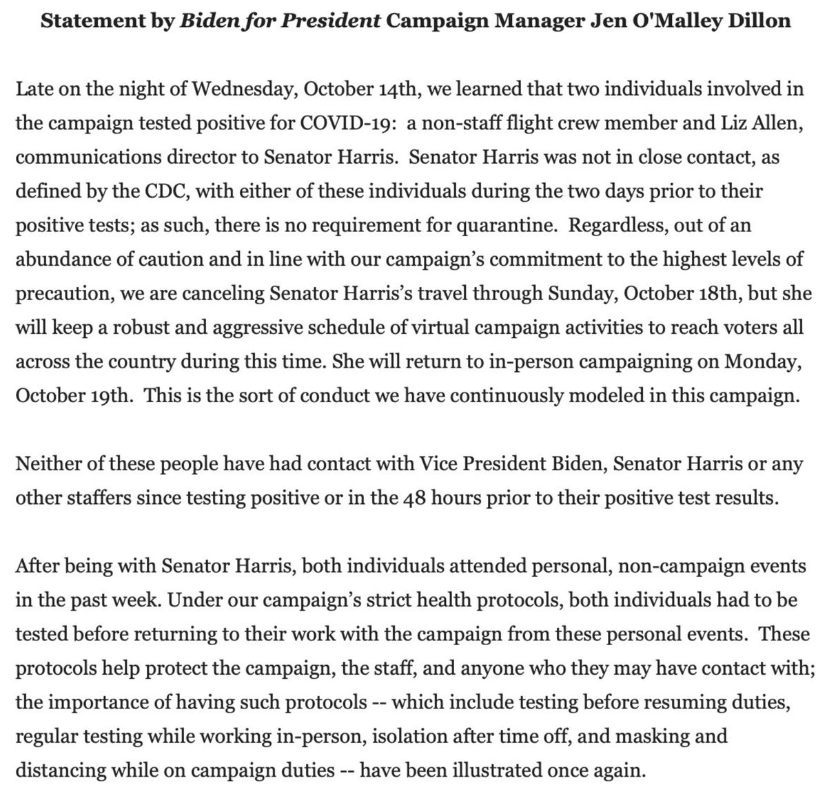girlsreallyrule's tweet photo. BREAKING: Jen O'Malley, Biden's campaign manager, issues a statement that two people including Liz Allen, Communications Director for Kamala Harris, have tested positive for coronavirus.
The campaign will cancel Harris’ travel through Sunday “out of an abundance of caution.” https://t.co/h9F7lbQyp1