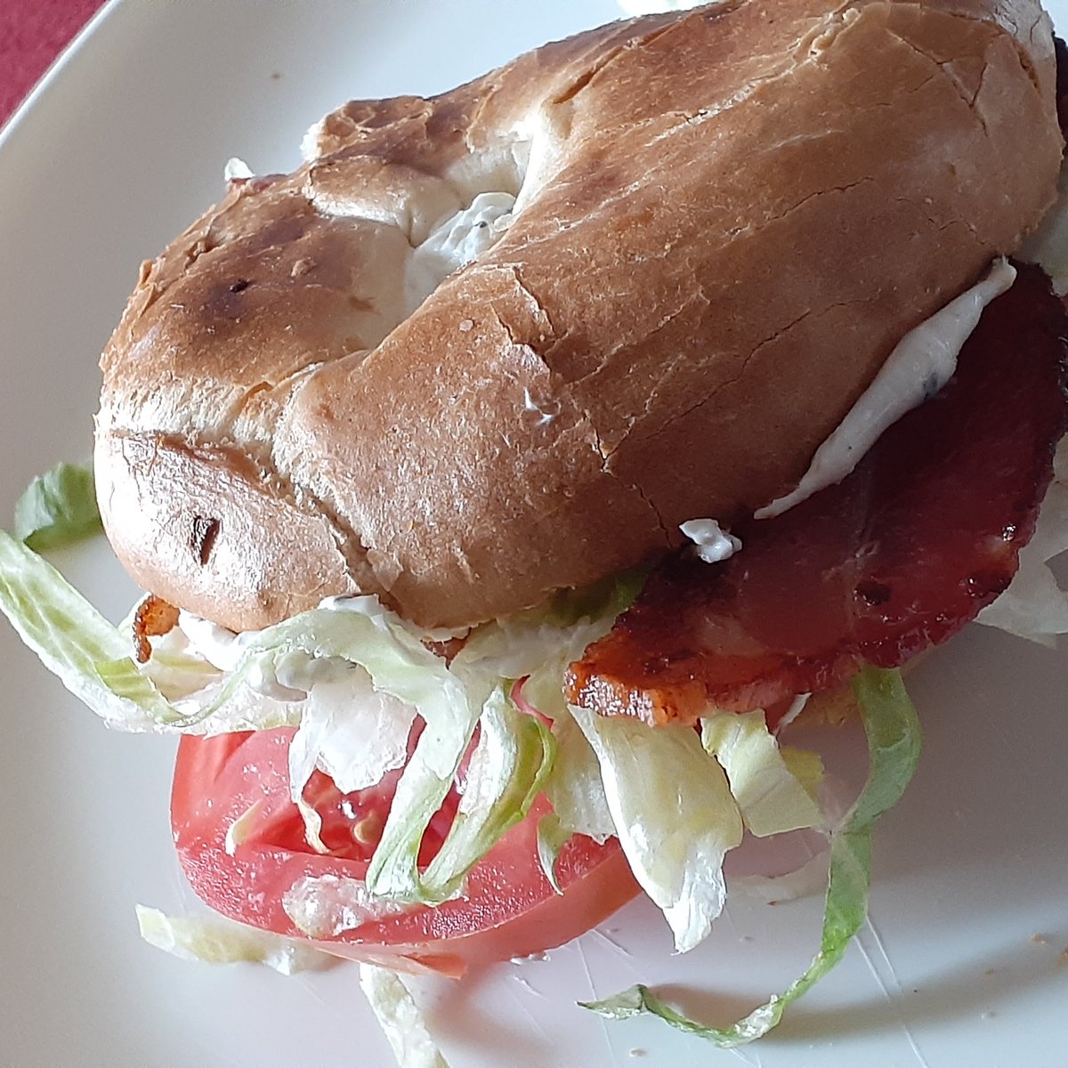BlackStephens's tweet image. Onion Bagel BLT With Garic Chives Cream Cheese. Yum Yum