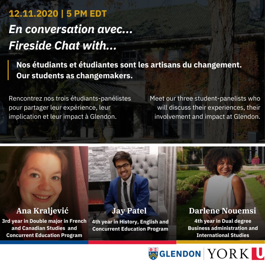 Notre série d’évènements en ligne est de retour le 12 novembre prochain ! Meet Ana, Jay and Darlene - three students who will discuss their experiences, their involvement and impact at Glendon. 
Inscriptions disponibles ici➡️bit.ly/2Ivsul7
<a href="/GlendonCampus/">Glendon Campus YorkU</a> 
<a href="/glstudentlife/">La vie étudiante à Glendon</a>