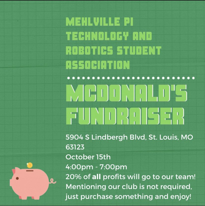 Come out to the McDonald’s on South Lindbergh and support Mehlville TRSA! Every little bit helps during these unprecedented times. Hope to see you there!