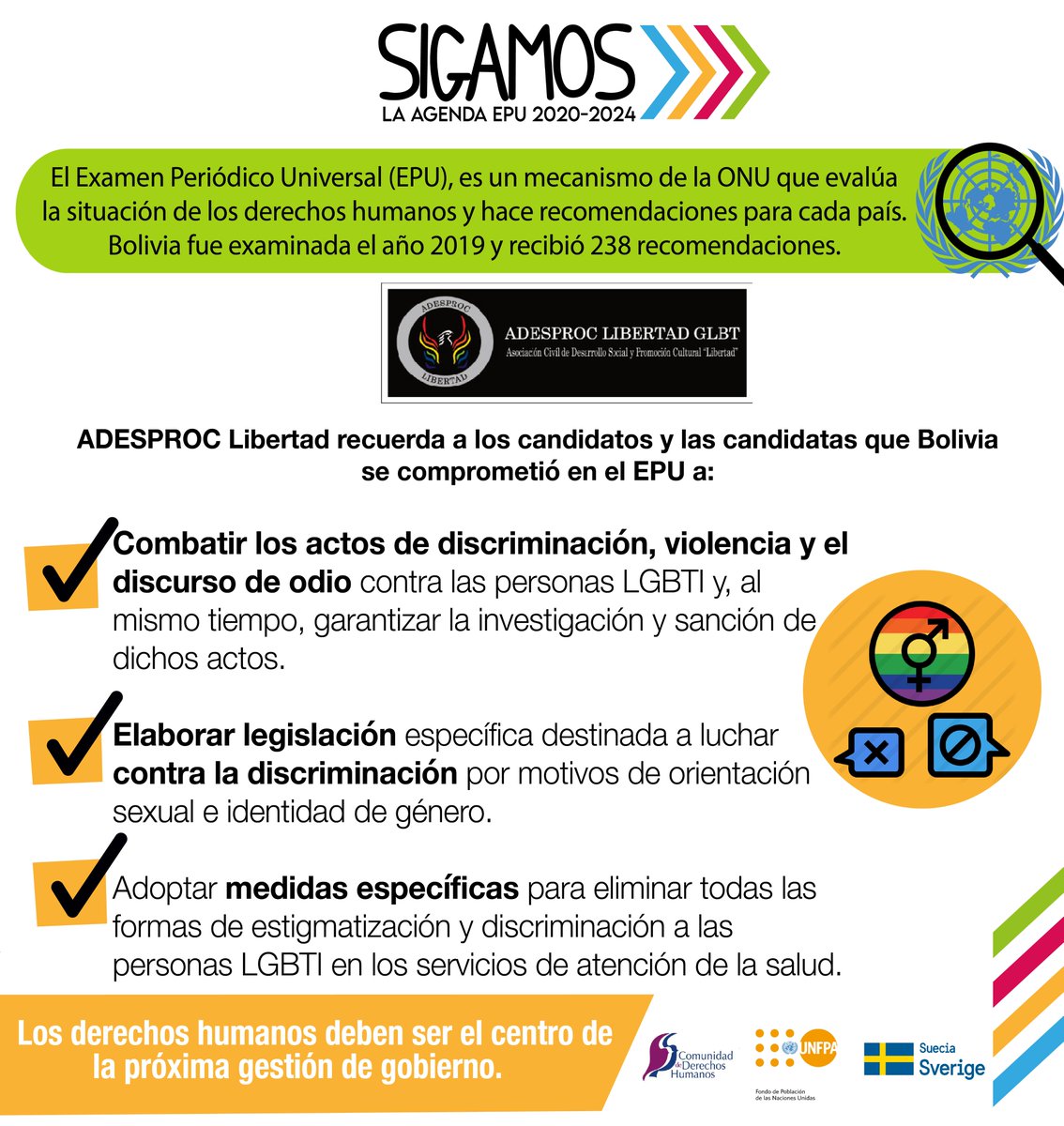 #SigamosAgendaEPU ⏩
⚠️Candidatos y candidatas⚠️
<a href="/ADESPROC/">ADESPROC Libertad</a>  recuerda los compromisos de Bolivia en el EPU.

#Bolivia #EleccionesNacionales2020 #MNDSDR