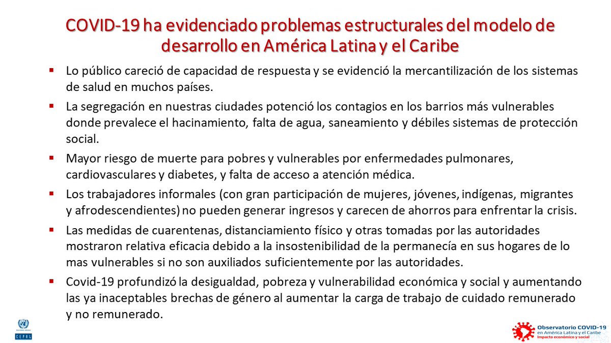 .<a href="/aliciabarcena/">Alicia Bárcena</a>: el #COVID19 evidenció problemas estructurales del modelo de desarrollo. Lo público careció de capacidad de respuesta y se evidenció la mercantilización de los sistemas de salud. La segregación en nuestras ciudades potenció contagios en barrios más vulnerables.