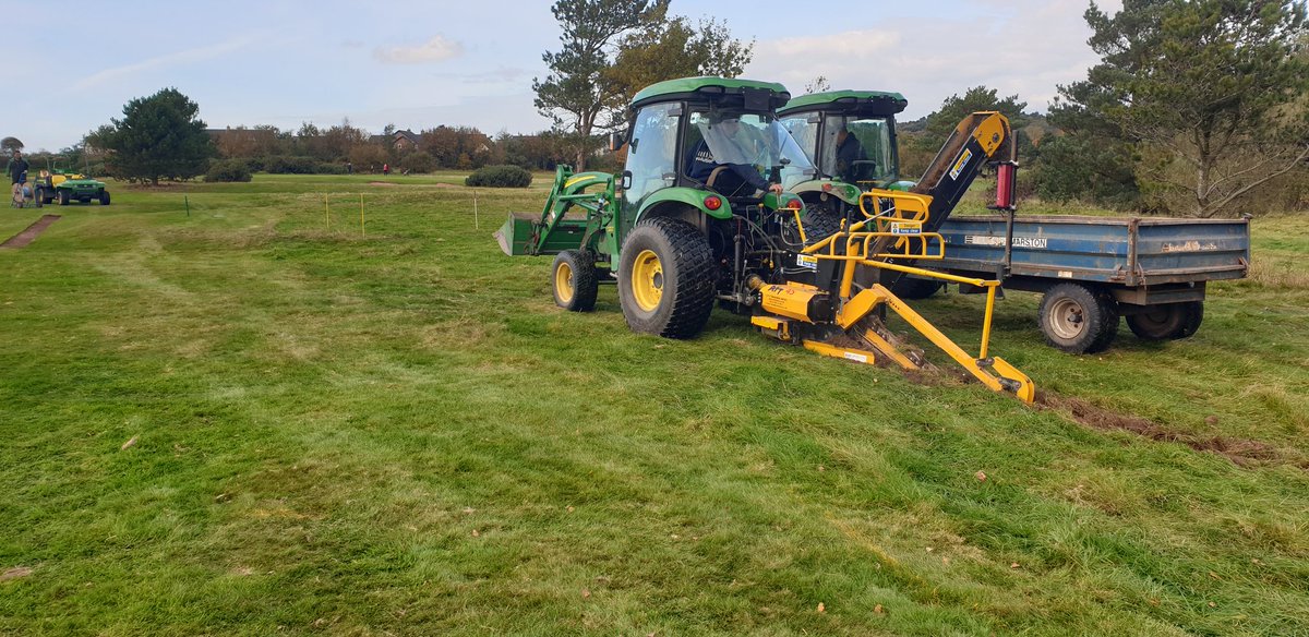 CaldygcGreens's tweet photo. Another full drainage day, with a glorious start. Around 300m trenched, tidied and piped. Great effort by the boys involved. Tees switched and hand cut, greens dewied first thing. Grit and rootzone tomorrow. Thanks to the players for the hole closure #madethedifference https://t.co/sfT2t4t8fB