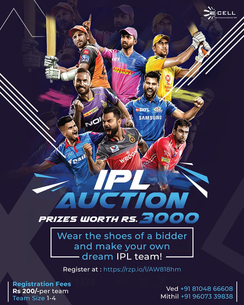 ecellvnit's tweet photo. The stronger the bid, the higher you lead.

Missing the fun of celebrating the ipl season with your friends ??
Well here's an opportunity to put your passion for ipl to some amazing use !!

The pitch is all set, what are you waiting for !!
Register now: https://t.co/8jXPqZsOXa https://t.co/BalMqAWnFF