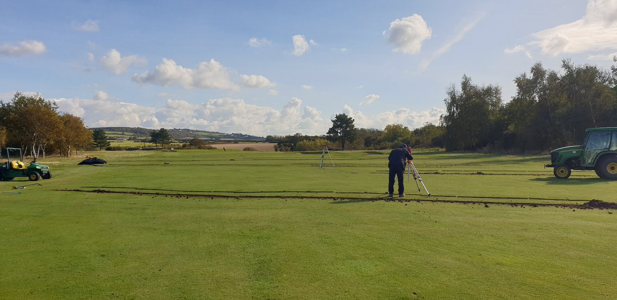 CaldygcGreens's tweet photo. Another full drainage day, with a glorious start. Around 300m trenched, tidied and piped. Great effort by the boys involved. Tees switched and hand cut, greens dewied first thing. Grit and rootzone tomorrow. Thanks to the players for the hole closure #madethedifference https://t.co/sfT2t4t8fB
