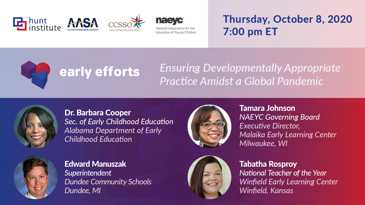 DanWuori's tweet photo. In case you missed @Hunt_Institute @NAEYC @CCSO &amp; @AASA's recent webinar Ensuring Developmentally Appropriate Practice Amidst a Global Pandemic - featuring NTOY @TabathaRosproy, @AL_DECE's @barbarajeancoop, @ShoStopn &amp; @ManuszakEdward - you can watch here: https://t.co/fjvTXy7zyi https://t.co/jnfR0JBzAz