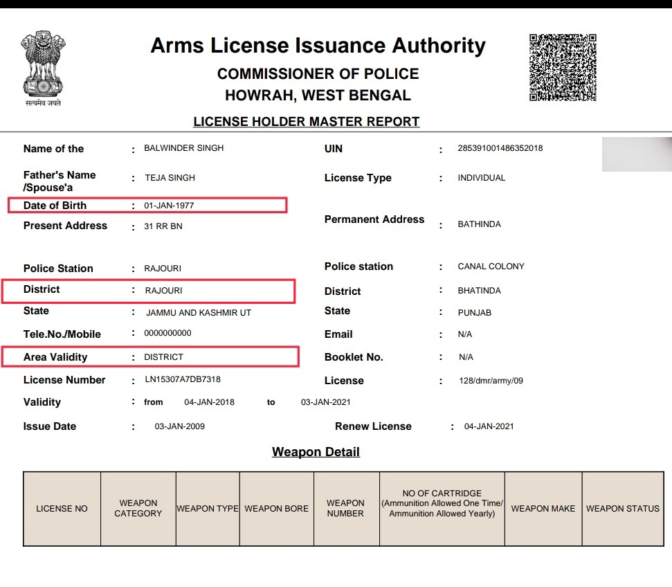 hwhcitypolice's tweet photo. As per the National Database of Arms Licences, Ministry of Home Affairs, Govt. of India; the Arms licence of Sh Balwindar Singh is valid only in Rajouri distt of J&amp;K

He was arrested for being part of an unlawful assembly with a weapon. (1/2) https://t.co/jBdesttoJ7