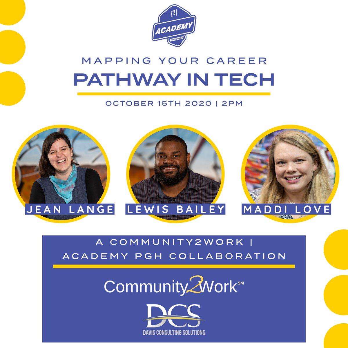 academypgh's tweet photo. Hang with us ✨TODAY AT 2PM✨ as #AcademyPGH teams up with Community2Work to help you navigate 🗺️ your #career pathway✅ Listen as #APGH speakers Jean Lange, Lewis Bailey, & Maddi Love share their stories on a #newcareer in #tech
⭐️ Register here: https://t.co/v9P2pa8sgJ https://t.co/Il52RrdFEe