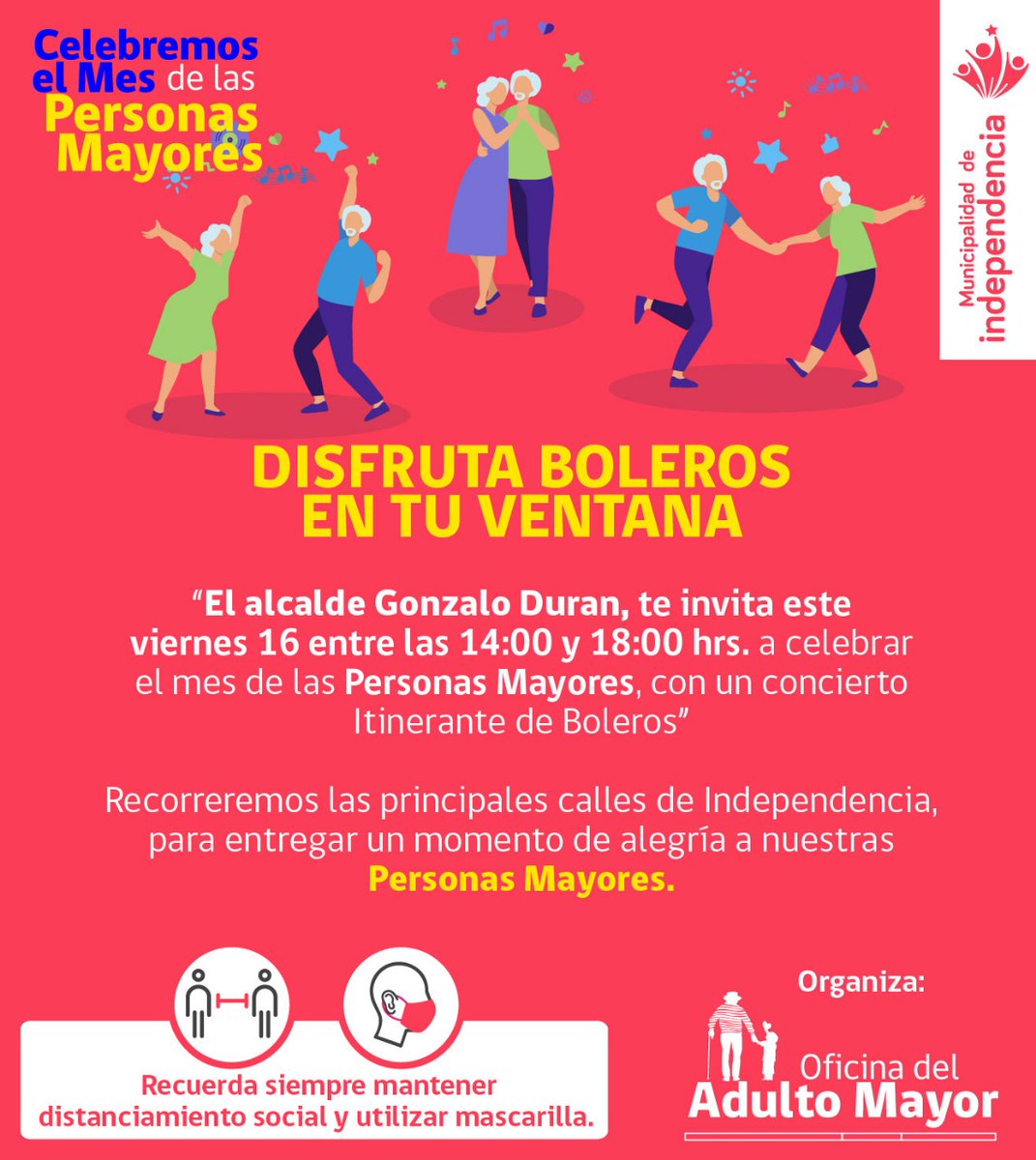 CediamIndepe's tweet photo. ¡Este viernes en la tarde!
Invitamos a celebrar el mes de las personas mayores con un concierto itinerante que se desplazará por toda la comuna de Independencia 
#IndependenciaTeCuida
@Muni_Indep @Duranbaronti @ambiente_indep @aseoindependenc @DeportesIndepe @indcultural https://t.co/EGwQqnQlFh