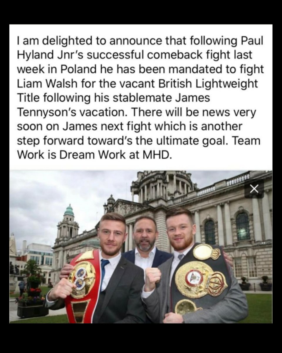 An update from <a href="/MARKHDUNLOP/">Mark H Dunlop</a> of MHD Promotions 

🔘 <a href="/JamesT931/">James Tennyson</a> has vacated British lightweight title 
🔘 <a href="/PaulhylandJR/">Hylo</a> to face Liam Walsh for the vacant belt.