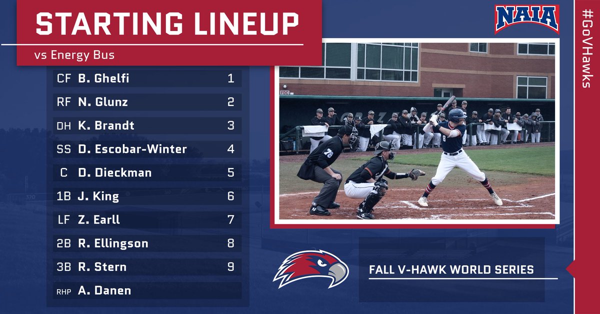 Starting Lineup for Astro Trash Cans in Game 2 of the Best of 3 V-Hawk Fall World Series

True Freshman, RHP Alec Danen (Howards Grove, WI) has  been called upon to pitch for the Home Team &amp; will look to sweep the series

#NAIABall #FallBall #WorldSeries