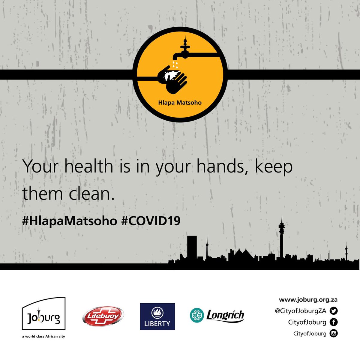 CityofJoburgZA's tweet photo. #WorldHandWashingDay2020
Zithande. Keep your hands clean 👐🏽 #HlapaMatsoho #SaferJoburg #COVID19 ^GZ https://t.co/YilGuHMaDc